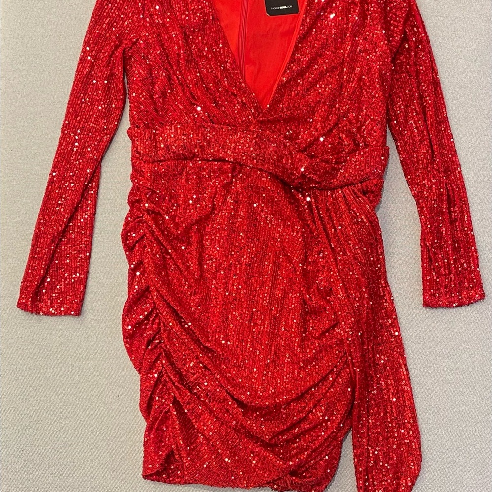 Fashion Nova Red Sequin Ruched Mini Dress‎ – Long Sleeve Deep V (NWT)